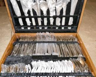 Vintage VU Thai Bronzeware 144 Piece Pattern: King Flatware Serving Set in its original custom fit Teak Chest