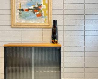 Wonderful 1960s Original Art Impasto Water scene. Signed. 
1 of 2 MCM STEELCASE Rectified Black metal and Chrome industrial cabinets with vertical fluted sliding glass doors. 
Dimensions: 