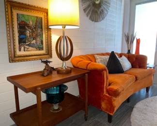 - Poul Hundevad Teak 2 Tier Expandable Rolling Bar Cart  
- MCM Walnut lamp 
- MCM Oil painting streetscape 