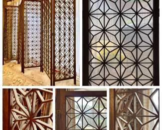 1960s Kumiko Teak room divider 
6 Panels 
Overall- 70.5"tall • 108"long Panels- 70.5"tall • 18"wide panels