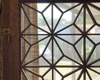 Detail pic, 1960s Kumiko Teak room divider 
6 Panels 
Overall- 70.5"tall • 108"long Panels- 70.5"tall • 18"wide panels