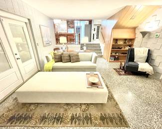 - Modern sofa in with metallic thread
Shade: Pale Mineral (SeaGlass)
- Ottoman upholstered in Outdoor fabric and padded. 
Shade: Eggshell 
(Lamps NFS)