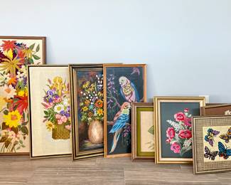 Miscellaneous Mid Century Embroidery, Tatting, Paintings, and prints 