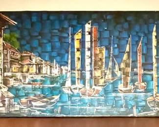MCM Heavy Impasto Sailboat Harbor
artist signed H. Polt
Approx Dimensions 20x40 