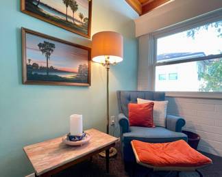 - Blue Tweed Occasional Chair
- Atomic Ottoman, Coated wicker top and Velvet pad
- Side Table with Marble Top, Pink with Pale Green  