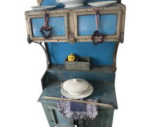 Blue Enameled Steel Stove Cabinet Top on Wooden Base Cabinet Plus Decor