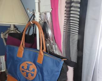 Tory Burch bag, Pashminas, silk scarves.