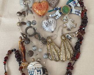 Necklaces, earrings, pins