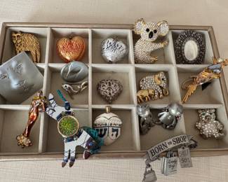 Signed pins and pendants. Laurel Burch, J.J., Swarovski and more