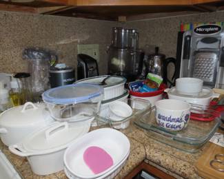 Corning Ware, Pyrex, Nutri Bullet, food processor, casseroles.