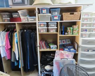  Ladies clothing. Plastic storage bins, plastic and paper goods.