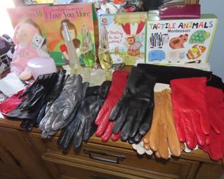 Leather gloves, new childrens books and toys.