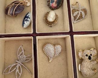 Swarovski pins, cameos, Delft, sterling