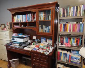 Hardback and paperbacks, office supplies, ladder bookcase. HP photo printer.