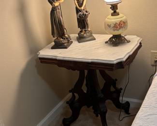 Eastlake Victorian marble top table with “Gone with the Wind or Victorian lamp -hand painted 