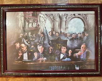 Framed "The Godfather" poster.  Pictured next is a special boxed set of "The Sopranos", complete series.  Buy them both!