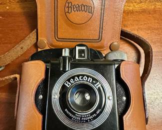 Beacon II camera with camel leather case, ca 1950.