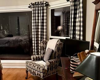 Window treatments, chair, dresser/mirror