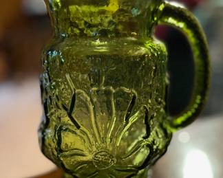 Anchor Hocking rainflower green glass pitcher.