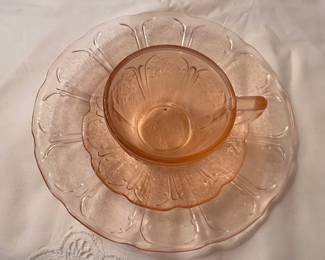 Depression era Jeanette cherry blossom pink plate, saucer and cup sets.