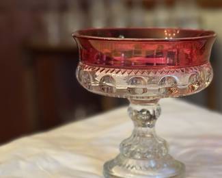Tiffin Kings Crown ruby flashed compote bowl, ca 1950.