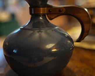 Cobalt blue Bauer Pottery pitcher with wood handle.