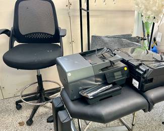 Desk chair, chiropractic treatment table, portable stage (with supports, platform, & carpet)