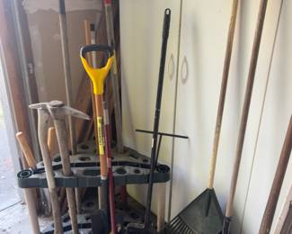 Assortment of Gardening Tools - Rakes, Axes