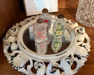 Set of 3 The Li Bien Decorative Bottles, White Fleur De Lis Round Mirror