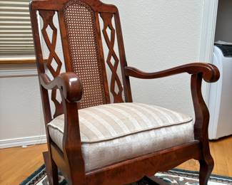 Traditional Cane Back Rocking Chair with Cream/Tan Striped Upholstered Seat