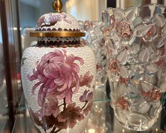 Brass Pink/White Cloisonné Ginger Jar with Floral Design, Mikasa Pink and Clear Frosted Glass Vase with Rose Design