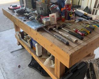 Assortment of Hand Tools – Hammers, Screwdrivers, Hardware, Large Wood Work Bench