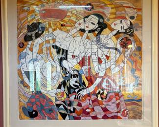Framed & Matted Abstract Women Serigraph by He Neng