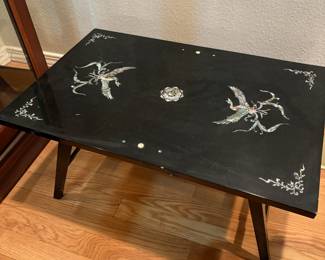 Black Lacquered Accent Table with  Pheonix Mother of Pearl Inlay