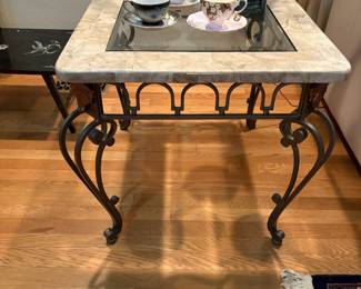 Wrought Iron Side Table with Marble and Glass Top