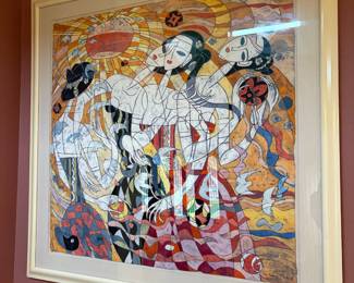 Framed & Matted Abstract Women Serigraph by He Neng