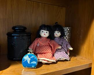 Indiana Glass Tiara Black Canister, Japanese Geisha Child Dolls