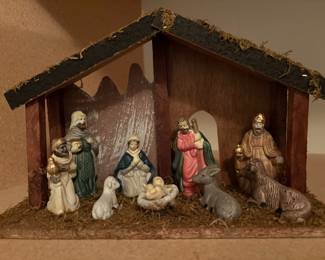 Wooden Christmas Nativity Scene with Ceramic Figurines