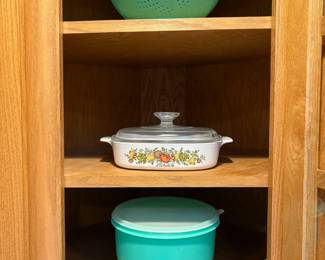 Jadeite Green Tupperware Colander, Jadeite Green Tupperware Lettuce Crisper,  L'Echalote Corningware Casserole Dish