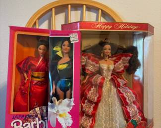 1984 Mattel Japanese Barbie in Box, 1985 Mattel Tropical Miko Barbie in Box, 1997 Happy Holidays 10th Anniversary Barbie in Box