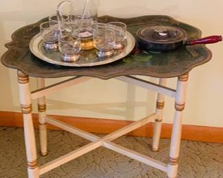 metal tray table with vintage barware
