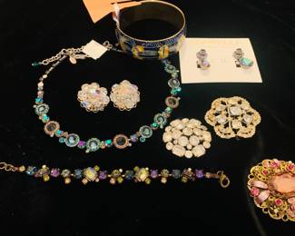 Jewelry including new Sorrelli rhinestone jewelry, Weiss , Alice Caviness jewelry and my favorite a 1955 rhinestone pin that was marked as a favor from the Krewe of Osiris
