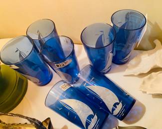 collection of vintage blue glassware