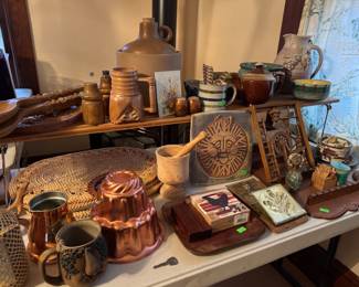 Vintage stoneware pottery, vintage wood decor