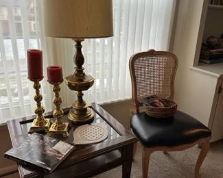 Brass Candle Holders, Vintage Stiffel Lamp, Vitrine Side Table