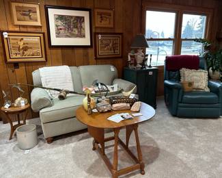 Tejay Bronze Bird Sculpture, Dancing Kokopelli Candlestick Holder, Fenton Custard Glass Vase, Ethan Allen Loveseat,  La-Z-Boy Recliner, Petrified Wood, Drop Leaf Butterfly Table
