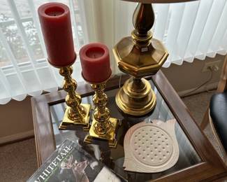 Brass Candle Holders, Vintage Stiffel Lamp, Vitrine Side Table