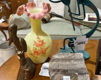 Tejay Bronze Bird Sculpture, Dancing Kokopelli Candlestick Holder, Fenton Custard Glass Vase, Petrified Wood