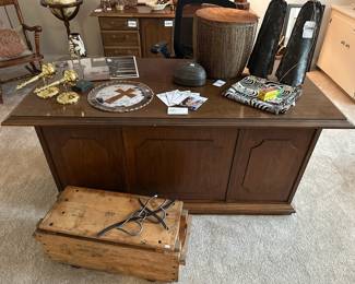 Executive Desk, African Animal Hide Drum, Bamileke Gankeke Double Gong
