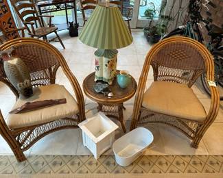 Rattan Patio Set, Owl Decoy, Cast Bronze Bull Frog